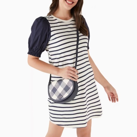 Kate Spade New York Luna Crossbody Bag Gingham Woven Straw Crescent Blue/ White - Picture 4 of 16